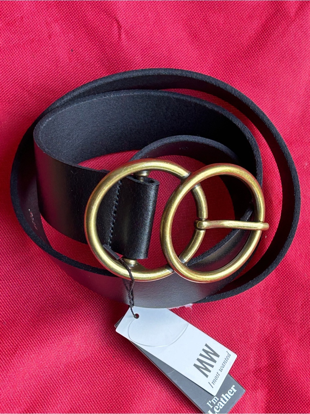 NWT- Women’s Most Wanted Black Leather Belt with Double Gold Rings- Size Medium